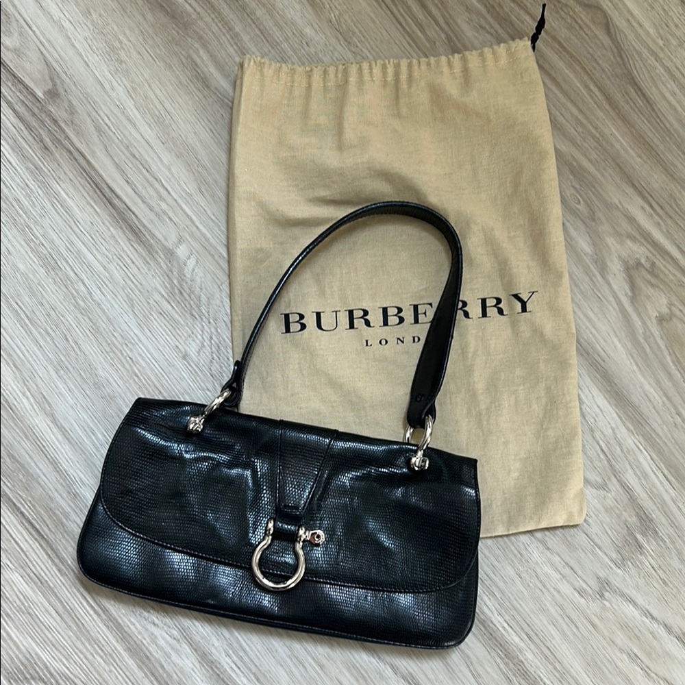 Burberry London Lizard Top Handle Bag. Black Leather with Silver Hardware